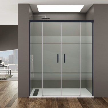 Mampara de ducha Basic Spazio Color 2 fijo y 2 corredera negro decorado Frost Plus