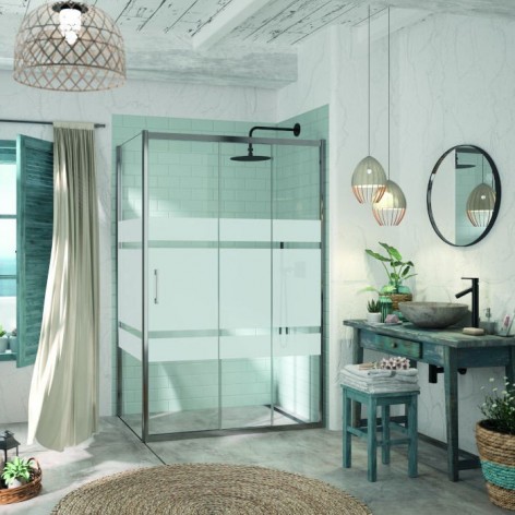 Mampara de ducha Kaarol 1 fijo y 2 correderas decorado bali