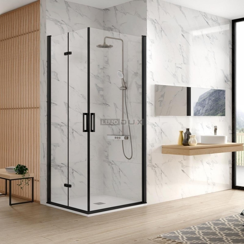 Mampara de ducha Nardi angular vértice plegable y abatible negro