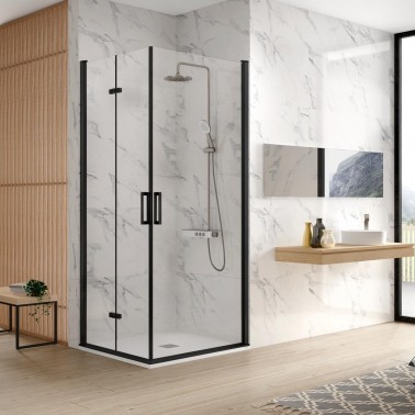 Mampara de ducha Nardi angular vértice plegable y abatible negro